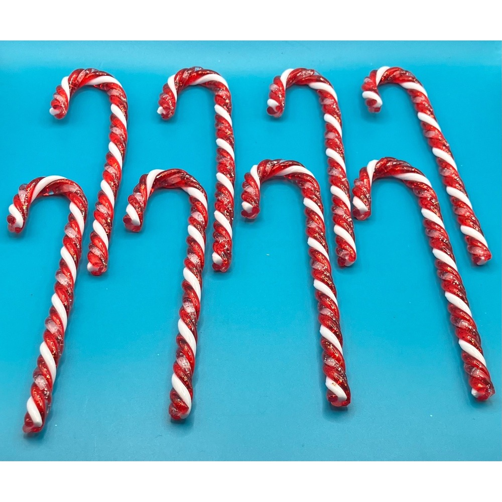 Candy Cane Ornaments 6.5in Red White Glass Glitter Set of 8 - Picture 1 of 5